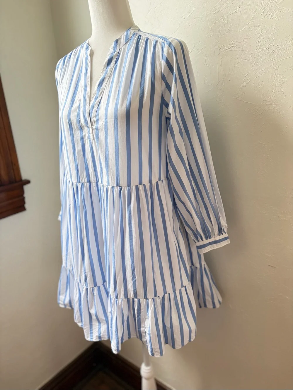 J. Crew Blue & White Striped Tiered V-Neck Mini Dress